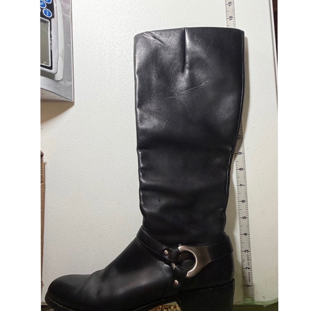 Via Spiga Black Leather Boot Silver Harness Buckle Knee High with Zipper Size 8 - Picture 5 of 16